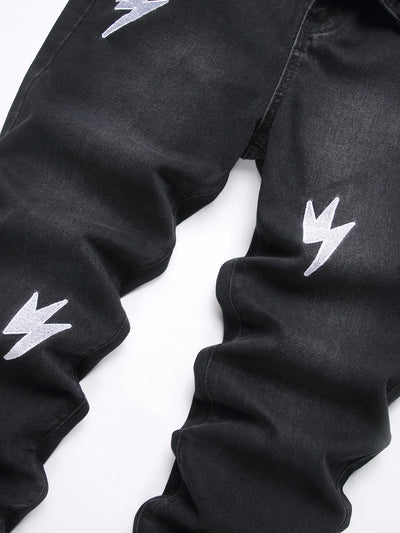 Men's Jeans Black High Street Fashion Embroidered Straight Leg Mid Rise Casual Denim Pants for All Seasons