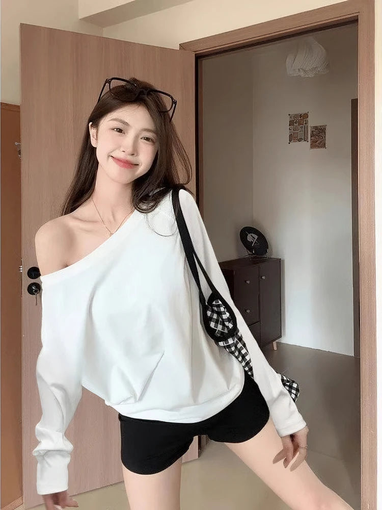 Oversize Off shoulder Long sleeve T shirt Women Solid color Casual Tops Lady Spring Autumn Basic Tees Korean style Youth Blouses