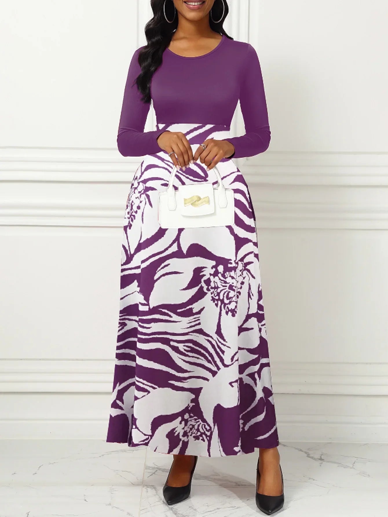 Women Dresses Long Sleeve Round Neck Printed Hem Long Dress Purple Elegant Style
