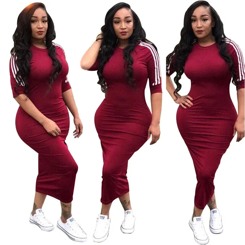 Summer Elegant Dress  for Women 2022 Fashion Casual Half Sleeve Stripe O Neck Mid Female Bodycon Dress vestidos