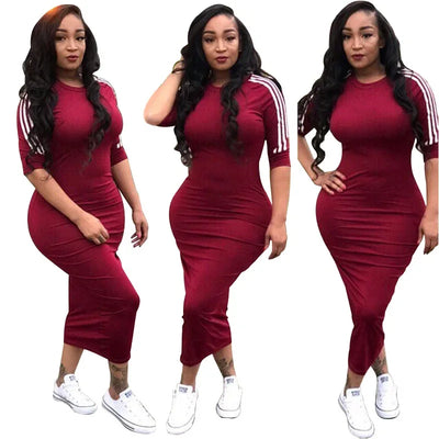 Summer Elegant Dress  for Women 2022 Fashion Casual Half Sleeve Stripe O Neck Mid Female Bodycon Dress vestidos