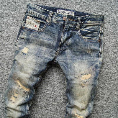 2023 Spring and Autumn New Fashion Casual Solid Color Vintage Ripped Jeans Men's Slim Comfortable Elastic High-Quality Jeans - Elanique