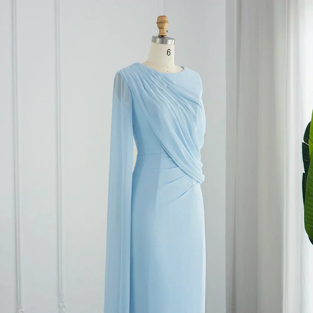 Sharon Said Elegant Light Blue Evening Dresses for Wedding with Feathers Cape Luxury Dubai Formal Party Dress SF289 Customized