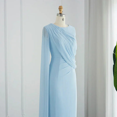 Sharon Said Elegant Light Blue Evening Dresses for Wedding with Feathers Cape Luxury Dubai Formal Party Dress SF289 Customized