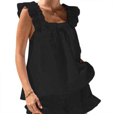 Womens Summer Solid Color 2 Pieces Set Ruffle Sleeveless Sling Square Collar Vest Shorts Tank Top Outfits Lounge Matching Sets