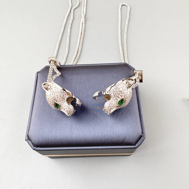 Designer Collection Fashion Luxurious Bracelet Long Necklace Men Women Lady Inlay Full Zircon Leopard Head Pendant Double Chain