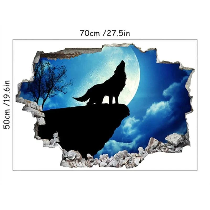 3D Broken Wall Hole Art Moon Night Wolf Howls Vinyl Mural Stickers Room Decorations for Home Items Self Adhesive Animal Poster