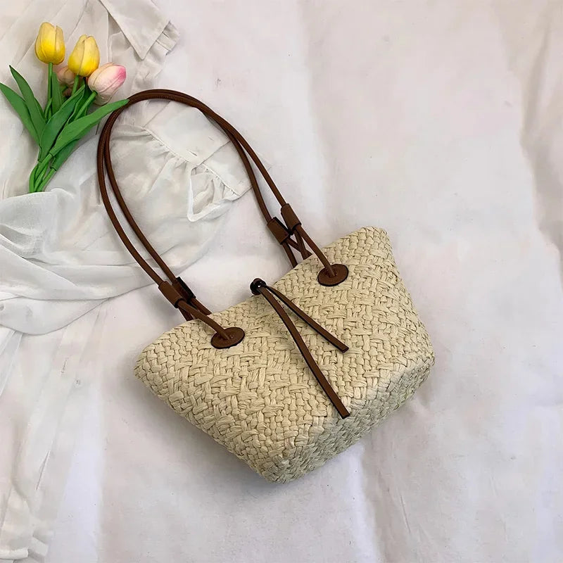 Designer Bohemian Chic Shoulder Bag,Solid Color Large Capacity Straw Woven Tote Bag,Nature-Inspired Beach Vacation Women Handbag