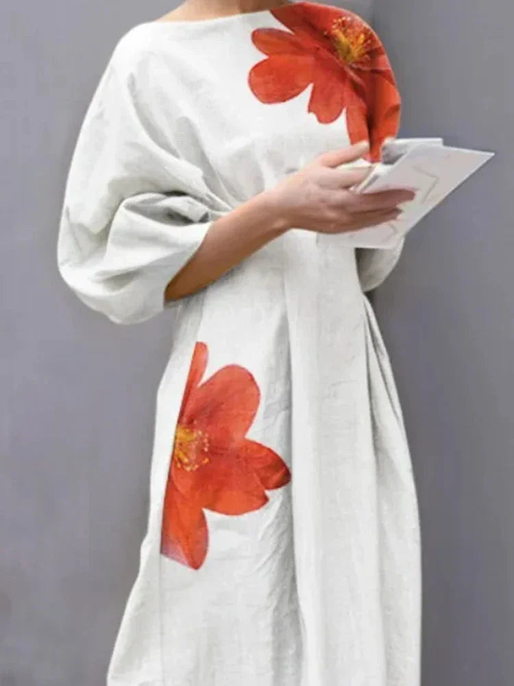 Women's Summer Dresses 2025 Evening Dress Fashion Half Sleeves Loose Flower Print Round-Neck Midi Dresses Female Clothes