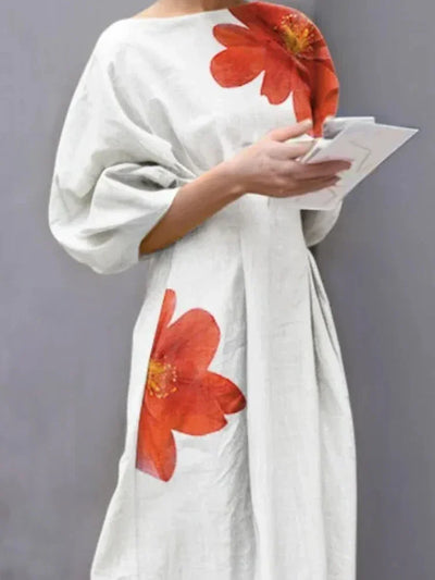 Women's Summer Dresses 2025 Evening Dress Fashion Half Sleeves Loose Flower Print Round-Neck Midi Dresses Female Clothes