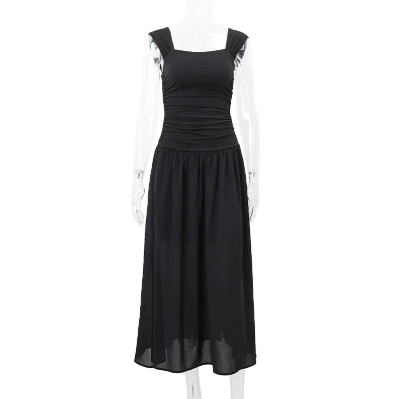 WhereMery Elegant Slip Long Dresses Sexy Women Ruched Bodycon Solid Maxi Dress Spring Y2K Summer Temperament High-waist Vestidos