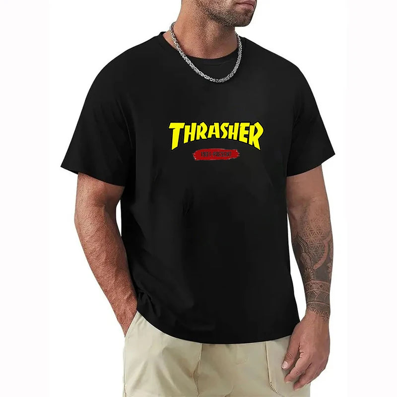 T-shirts for Men Personalized T-Thrashers Y2k Clothing High Quality Summer Tops Vintage Streetwear Short Sleeve Tee White