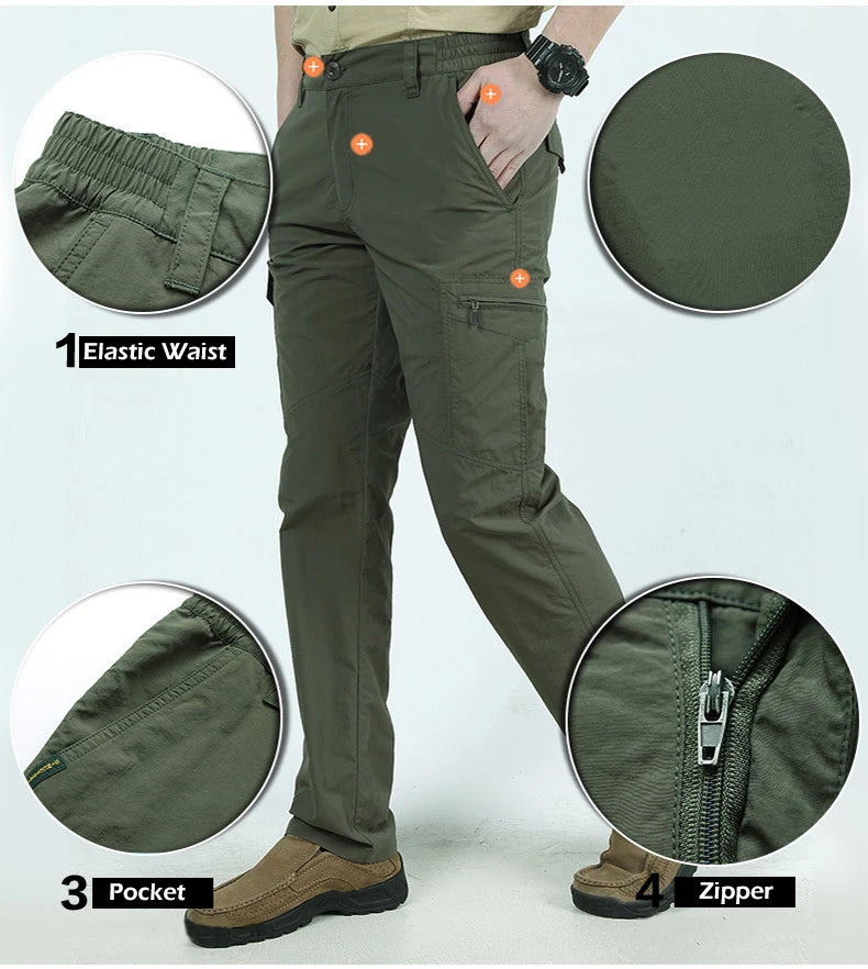2025 Summer Men's Casual Cargo Trousers Outdoor Sports Pants Multi Pockets Tactical Pant Waterproof Camping Fishing Men Clothing