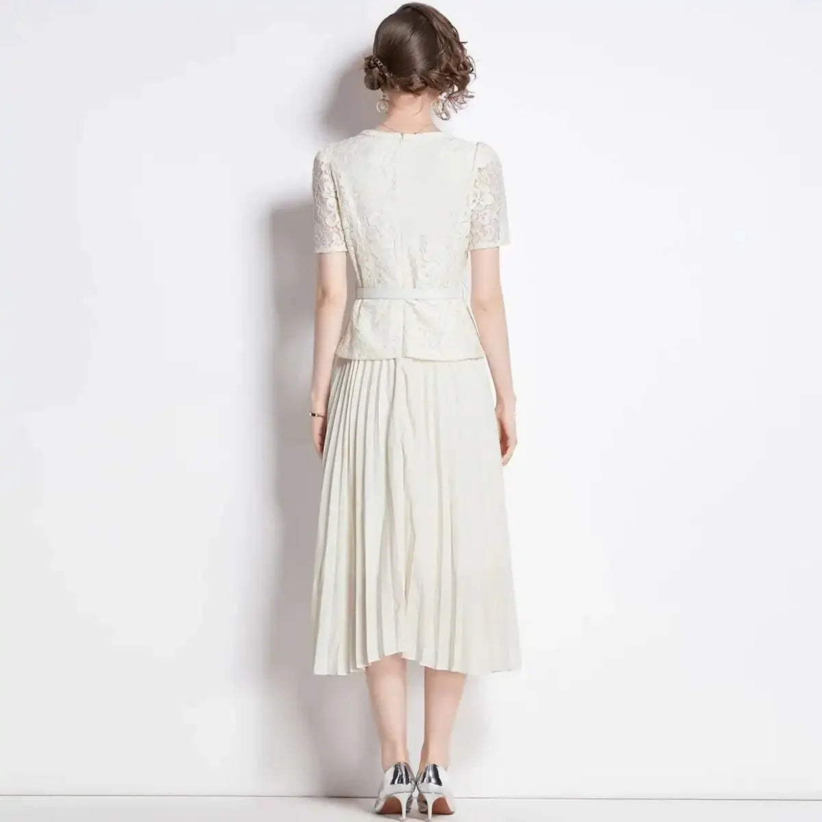 Luxury Evening Dress Women Summer Vacation Short Sleeve Pleated Lace Chiffon Long Dresses White Single Breasted Midi Party Robe