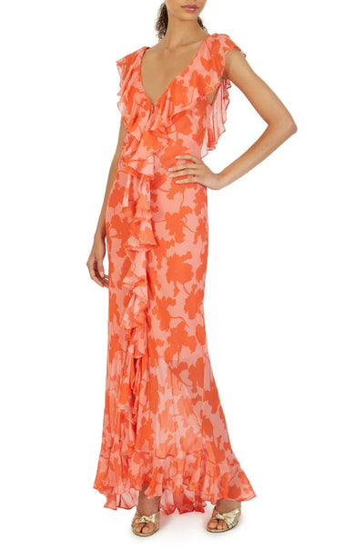 Summer Women Floral Bohemian Dress Elegant Chiffon Sleeveless V Neck Irregualr Slit Long Dress Sexy Slim Ruffle Vacation Dress