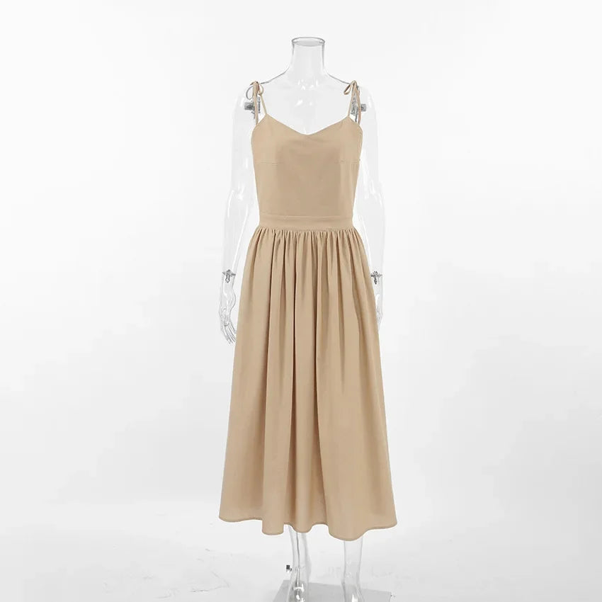 Cotton Linen Solid Color Spaghetti Strap Dresses Women Fashion Leace-up V-neck Backless Beach Vacation Long Dress Female New