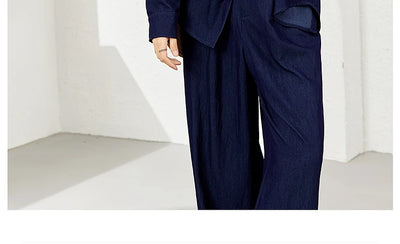 VIMLY Navy Blue Denim Suit Women's 2025 Autumn Outfits Vintage Lace Polo Collar Shirt Wide Legs Pants Ladies 2 Piece Sets A2526
