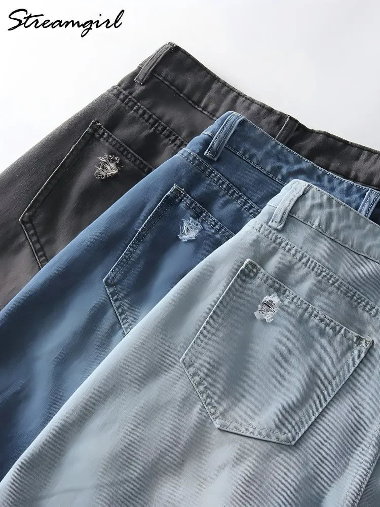 Women Denim Shorts Ripped Wide Leg Black High Waist Short Jeans Straight Leg Blue Denim Shorts For Women Summer Jean Shorts