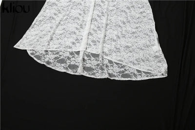 kliou Lace Patchwork Women Maxi Dress Sexy Coquette Drawstring Wrapped Chest Body-shaping Vestidos Female Stunning Clubwear Robe