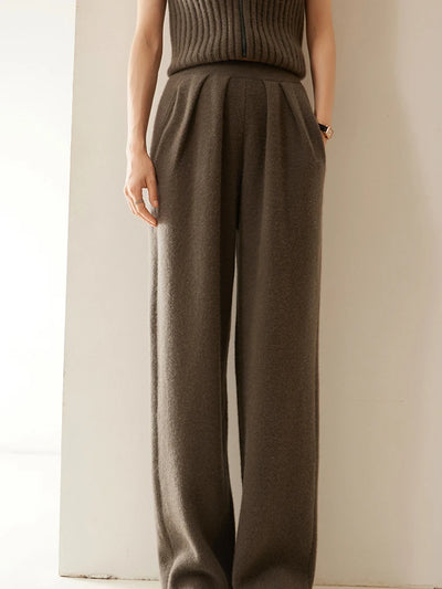 ADDONEE Women 100% Cashmere Pants Pleated Waist Wide Leg Pants Casual Simple Style Autumn Winter Cashmere Knit Trousers Luxury