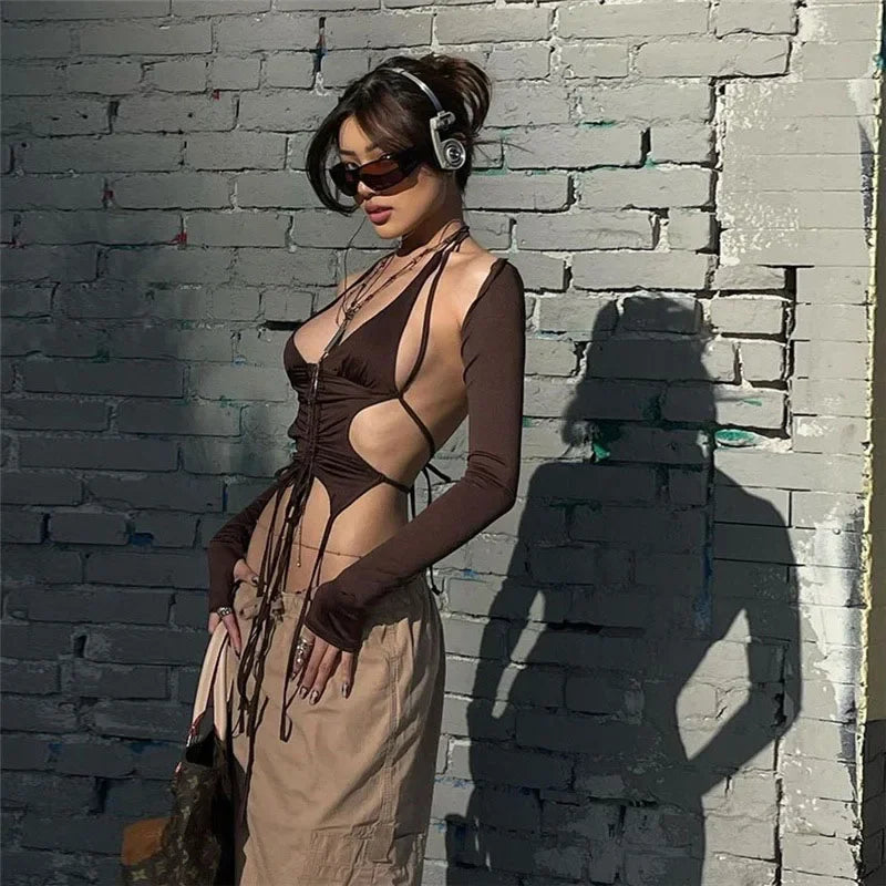 Y2k Streetwear 2 Piece Long Sleeve Halter Crop Top Sexy Trendy Irregular Backless Women T-shirts Aesthetic