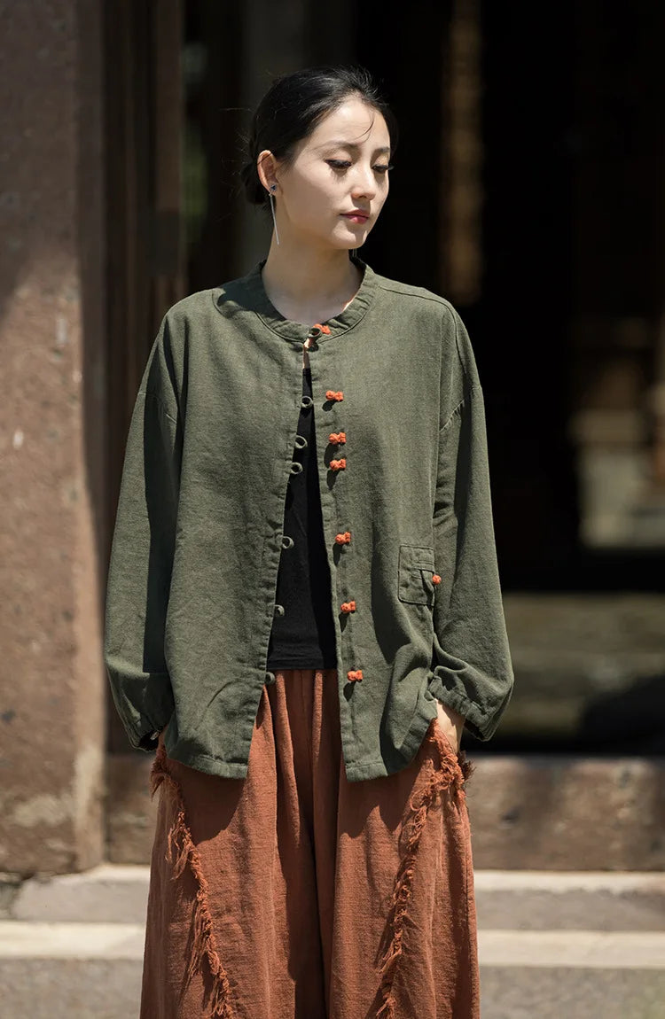 Cotton Linen Women's Literary Vintage Ramie Tops Shirt Women's Patchwork Colour Plate Button Lapel Cardigan Jacket Chinese Style