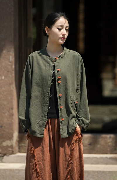 Cotton Linen Women's Literary Vintage Ramie Tops Shirt Women's Patchwork Colour Plate Button Lapel Cardigan Jacket Chinese Style