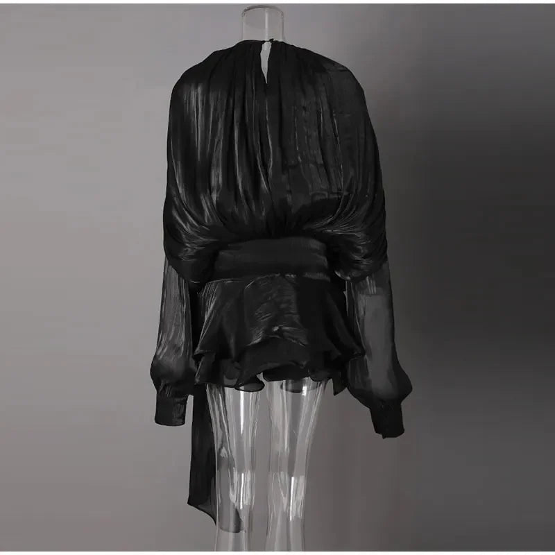 Ruffles Mini Dress Women Lace Up  V Neck Long Sleeve Pleated Female Dresses 2025 Elegant Summer Autumn Street Loose Ladies Robes