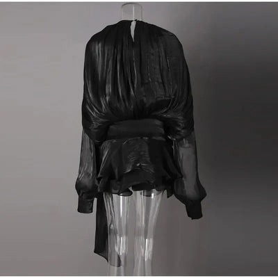 Ruffles Mini Dress Women Lace Up  V Neck Long Sleeve Pleated Female Dresses 2025 Elegant Summer Autumn Street Loose Ladies Robes