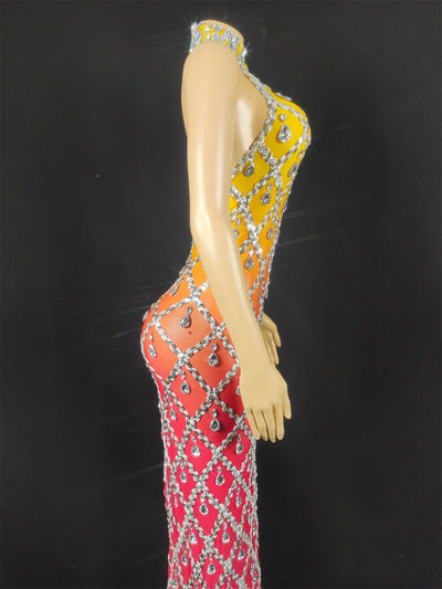 Women Sexy Stage Shining Rhinestone Sequins Dress Evening Prom Birthday Dress Transparent Performance Singer Club Host Dress
