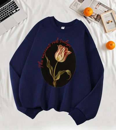 The Ancient Red Twlipws Design Women Sweatshirt Soft Warm Tops Fleece All-Match Pullover Crewneck Casual Sportswear For Woman