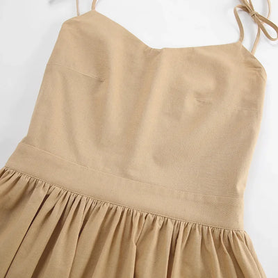 Cotton Linen Solid Color Spaghetti Strap Dresses Women Fashion Leace-up V-neck Backless Beach Vacation Long Dress Female New