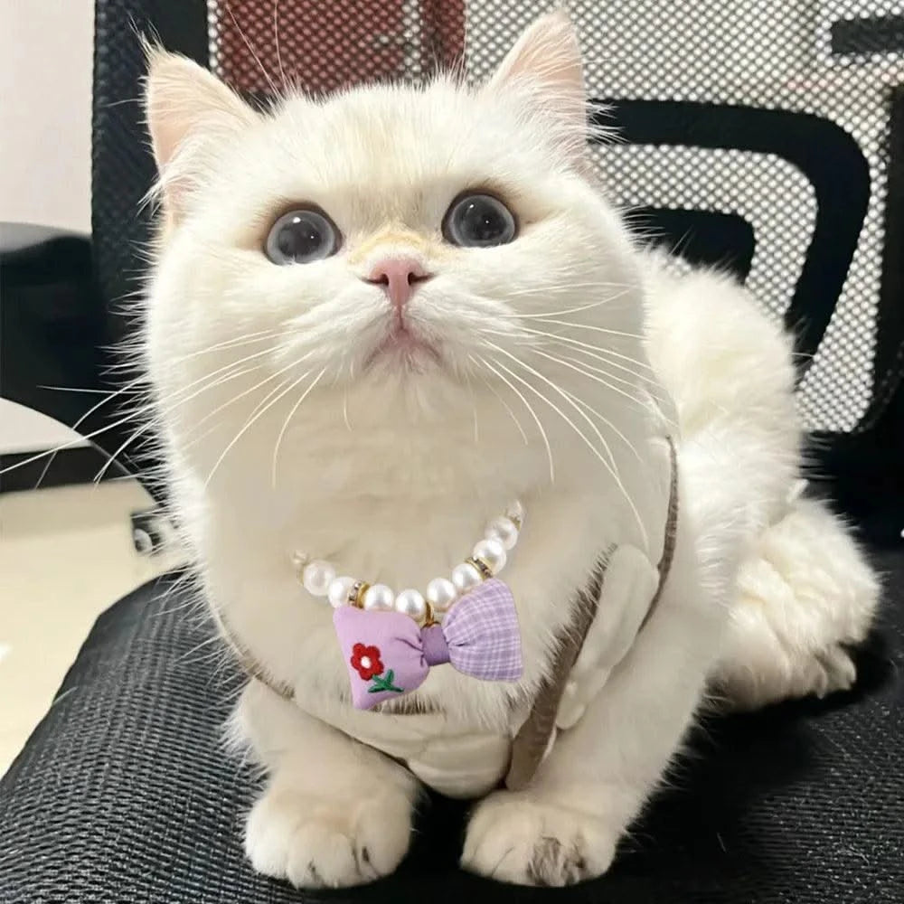 Pet Dog Accessories Bow Pet Necklace Decoration, Pearl Pet Collar Cat Dress Up Necklace