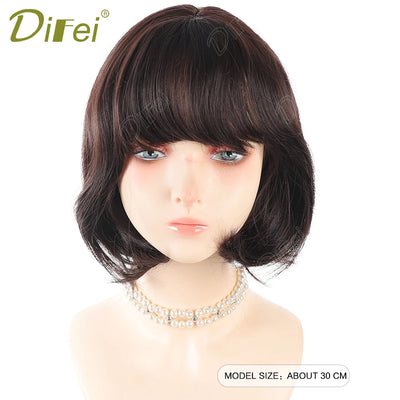 DIFEI Slightly Curly Short Synthetic Wig For Women Fresh Natural Short Wig With Straight Bangs Suitable For Daily Wear