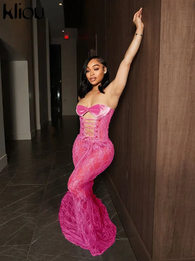kliou Lace Patchwork Women Maxi Dress Sexy Coquette Drawstring Wrapped Chest Body-shaping Vestidos Female Stunning Clubwear Robe