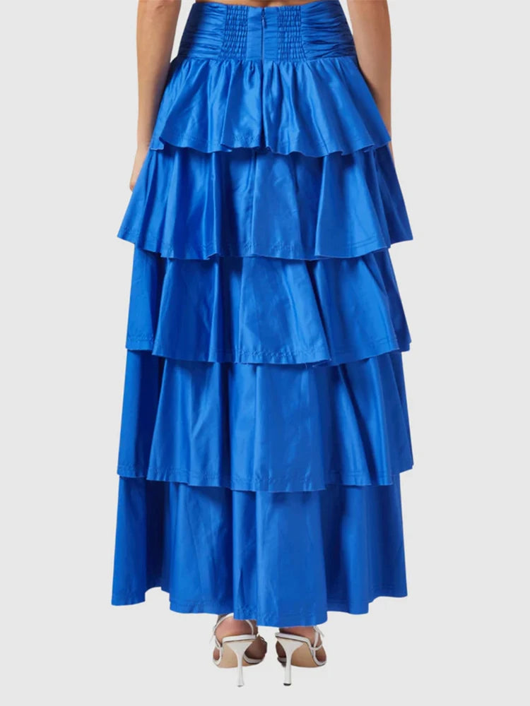 TWOTWINSTYLE Solid Two Piece Sets for Women V Neck Sleevelesss Spliced Folds Top High Waist Elegant Skirts Female Clothing New