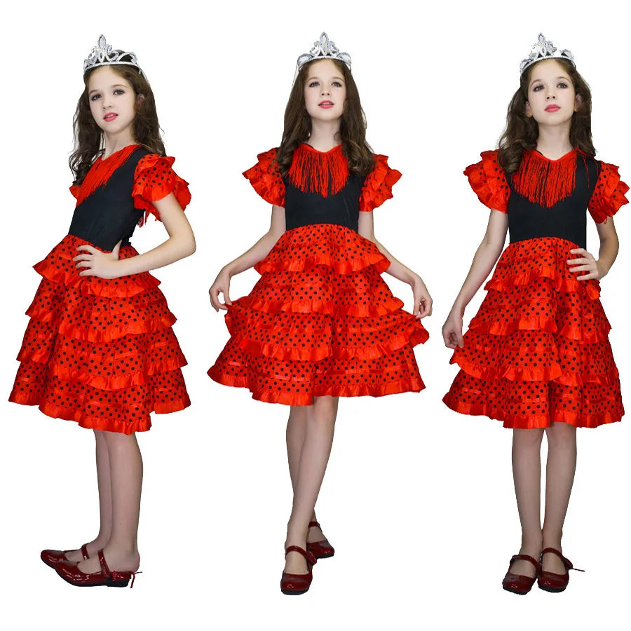 Dress Women 2025 Europe America Short Sleeve Midi Dress Traditional Spanish Dance Dress For Girls Festival Tassel Dot Dress