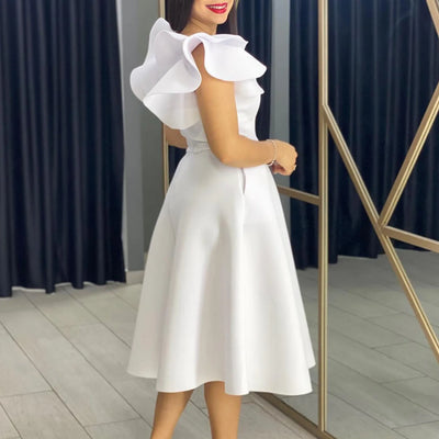 Elegant Party Dresses for Women V Neck Ruffles Sleeve High Waisted A Line Mid Calf Luxury Birthday Dinner Vestidos Mujer Dress