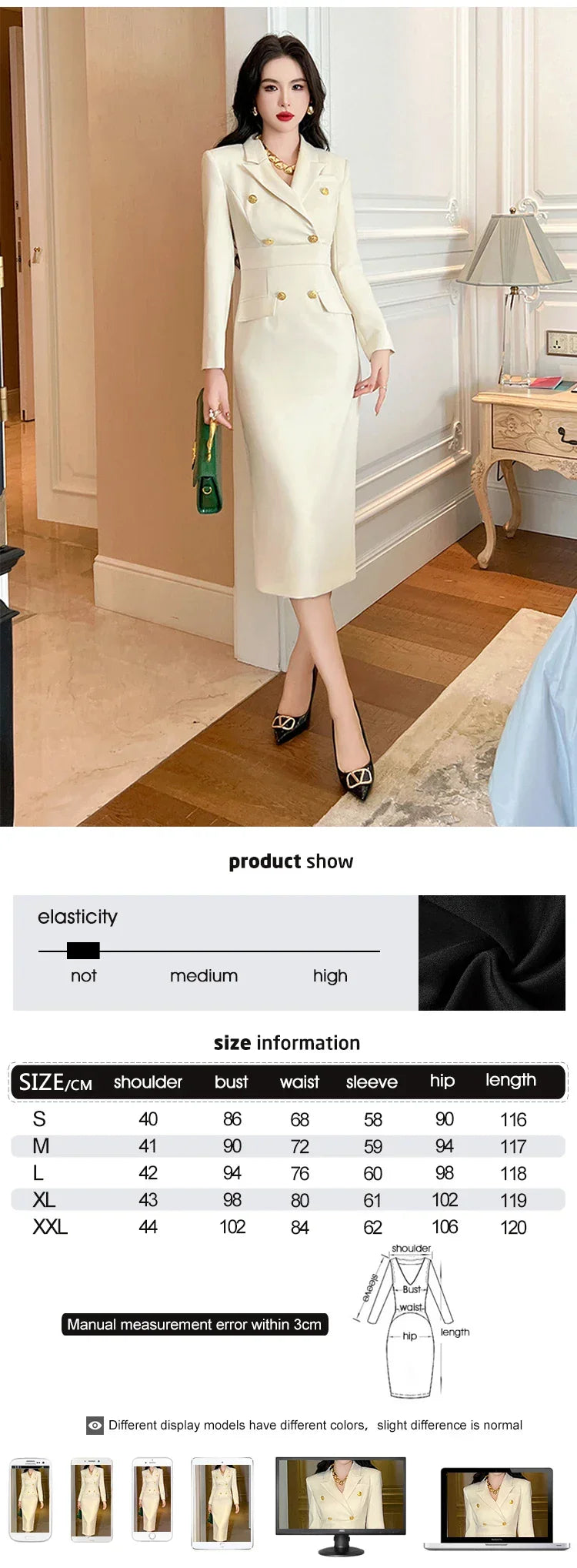 Fashion Elegant Midi Dress Women's Professional Business Style Long Sleeve Double Breasted Slit Robe Office Lady Work Vestidos
