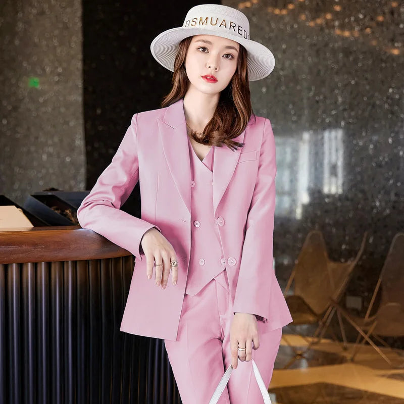 Sets for Women 3 Pieces Autumn Fashion Peak Lapel Long Sleeve Blazer Vest & Elegant High Waist Work Pants Set Daily Office Lady