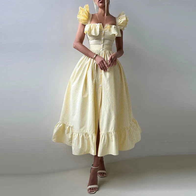 Ruffle Dress Women Fashion Backless A Line Slim Waist Striped Robe Female Flying Sleeves Buttons 2025 Summer Elegant Streetwear
