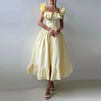 Ruffle Dress Women Fashion Backless A Line Slim Waist Striped Robe Female Flying Sleeves Buttons 2025 Summer Elegant Streetwear