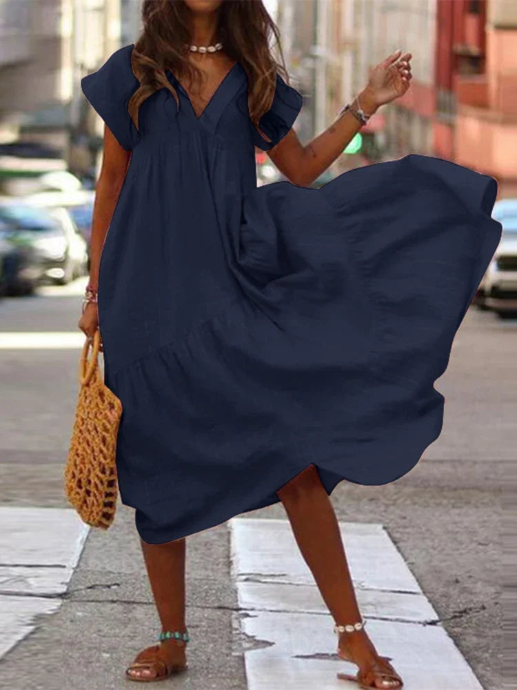 Bohemian Summer Dress for Women V Neck Vestidos Ladies Streetwear Solid Ruffle Dresses Asymmetrical Loose Robe Women Clothing