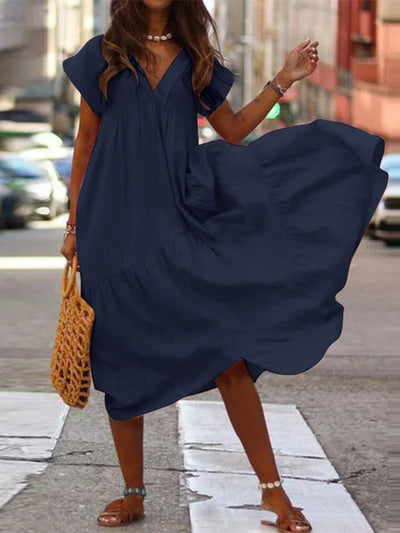 Bohemian Summer Dress for Women V Neck Vestidos Ladies Streetwear Solid Ruffle Dresses Asymmetrical Loose Robe Women Clothing