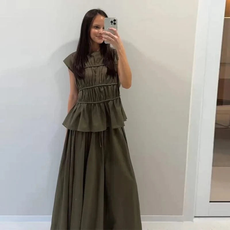 Women Cotton Linen Sleeveless Blouse Round Neck Pleated Top 2025 Spring Summer New Lady O-Neck Solid Color Shirt