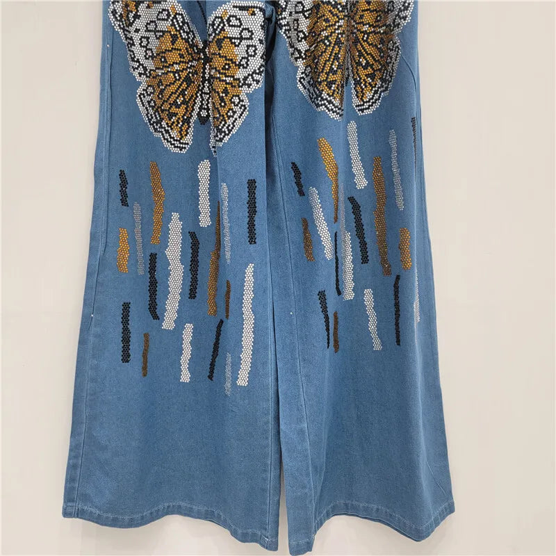 ANJY Autumn New Women Chic Two-Piece Set Studded Diamonds Streetwear Denim Shirt Drawstring Straight Elegant Casual Pants  A9654