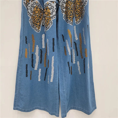 ANJY Autumn New Women Chic Two-Piece Set Studded Diamonds Streetwear Denim Shirt Drawstring Straight Elegant Casual Pants  A9654
