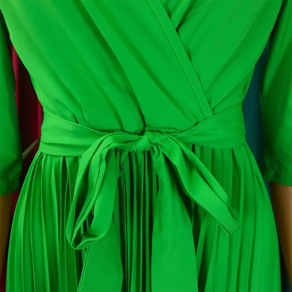Elegant Office Dresses for Women Professional V Neck Full Sleeve Sashes Pleated Mid Calf Formal Business Work Wear Dress Midi OL