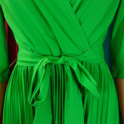Elegant Office Dresses for Women Professional V Neck Full Sleeve Sashes Pleated Mid Calf Formal Business Work Wear Dress Midi OL