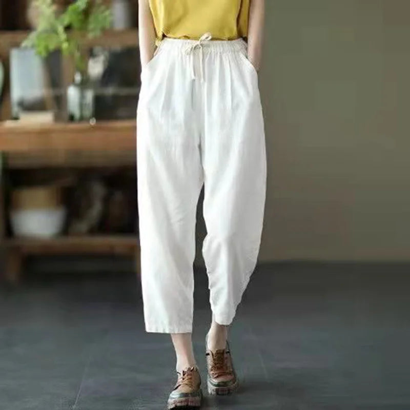 2024 Spring Summer Cotton Linen Pants Women Solid Color Casual Ankle-length Pant Woman Lace-up Waist Loose Trousers